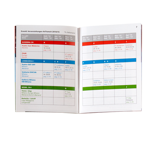 calendario dei eventi su doppia pagina del opuscolo Artransit