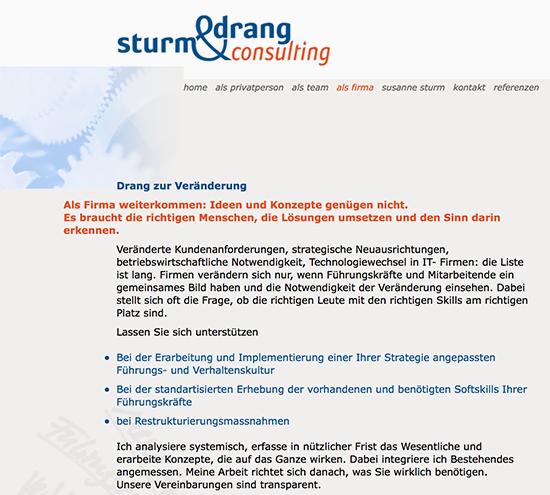 Rubrik, als firma, der Website, Sturm und Drang, von Susanne Sturm